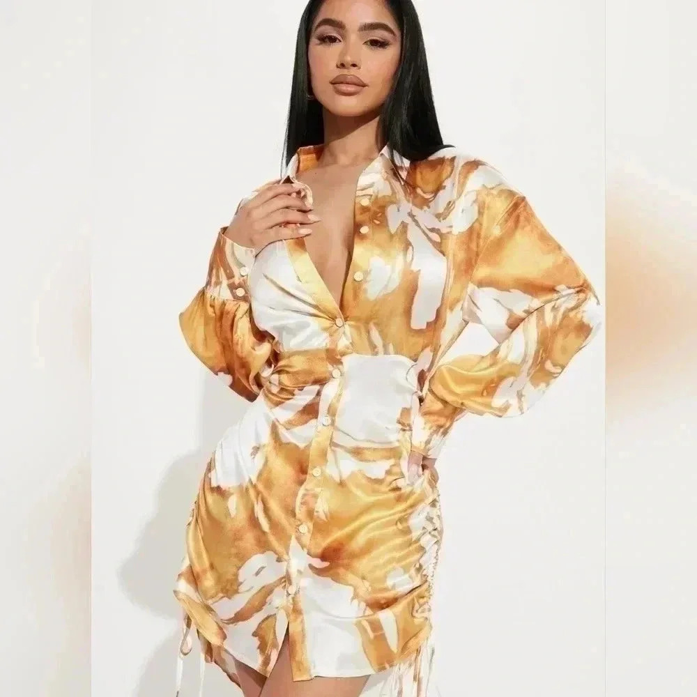 "Sleek Sophistication: FASHION Nova Women's Satin Shirt Dress (Size Large, NWT)" - Picture 3 of 10
